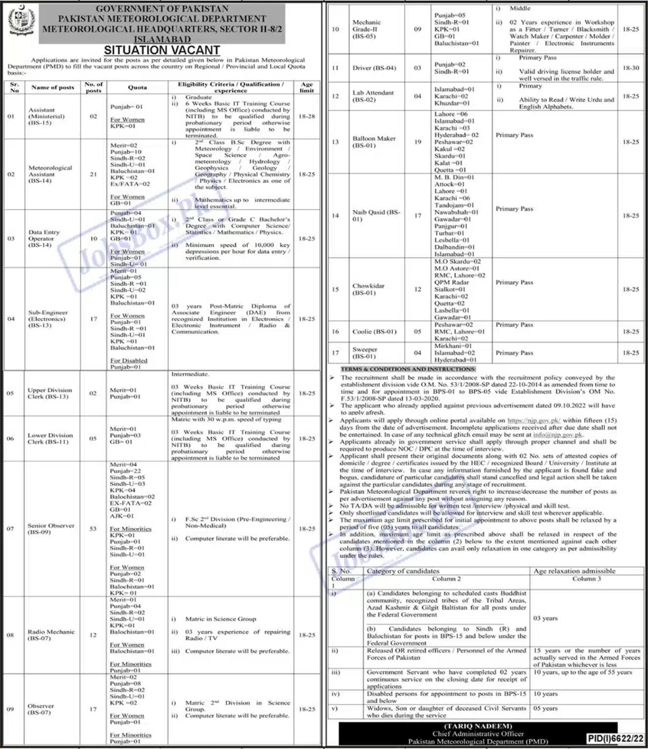 "Apply Online for Jobs 2023 at Pakistan Meteorological Department, Government of Pakistan"